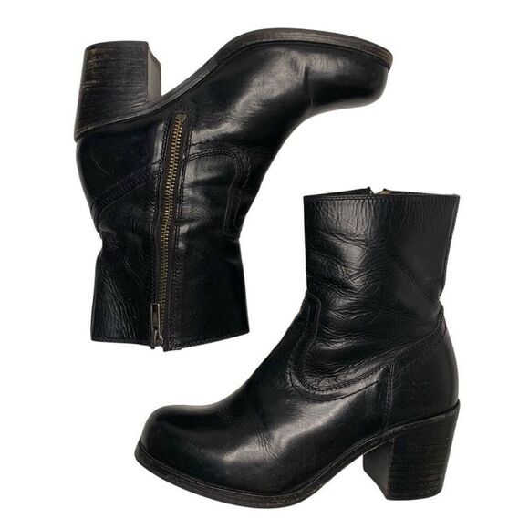 Frye Short Heeled Boots Leather Western Pull On Square Toe Size 6 Black Bootie - Picture 6 of 10